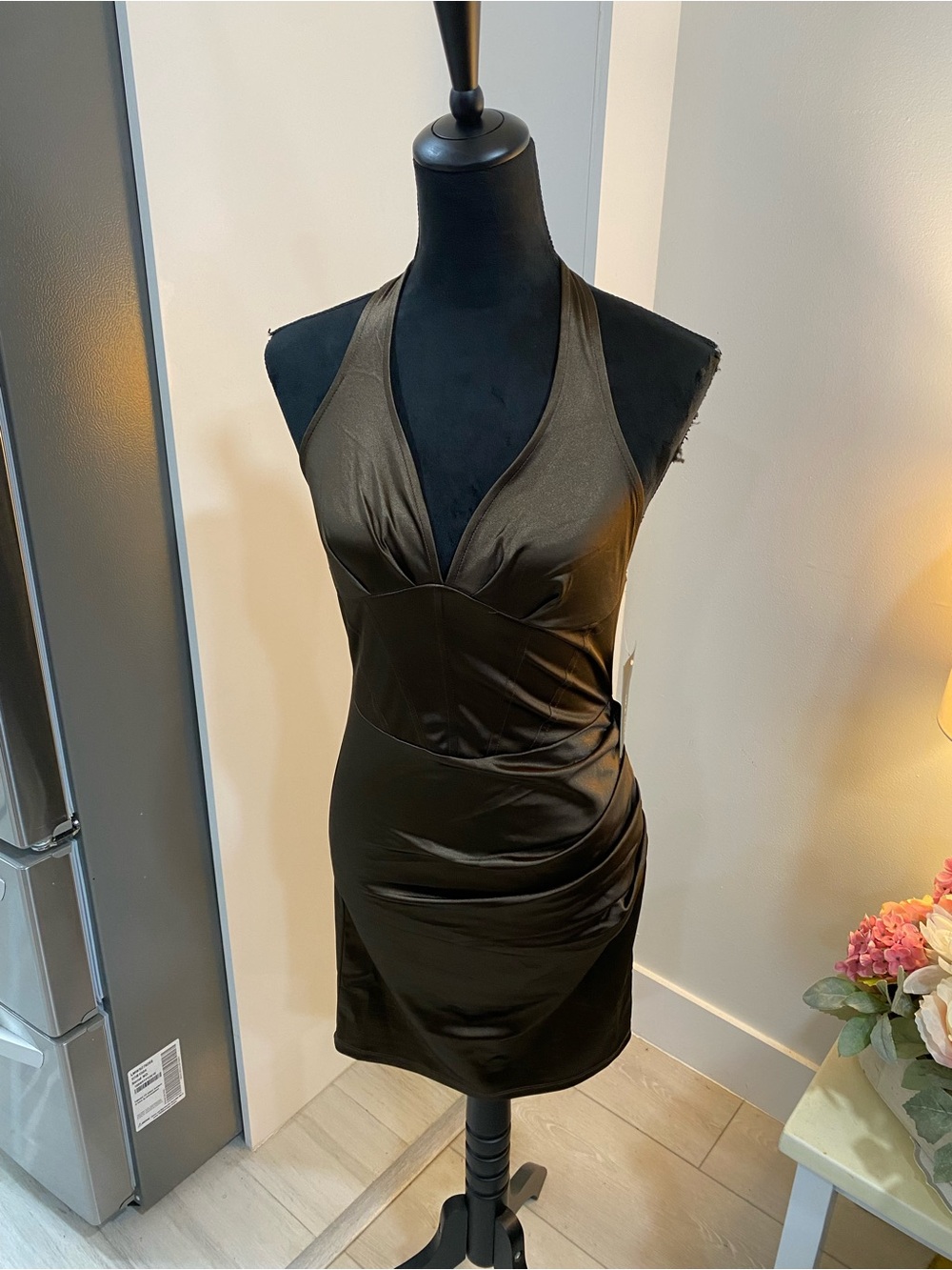 Satin Halter Mini Dress in Dark Olive